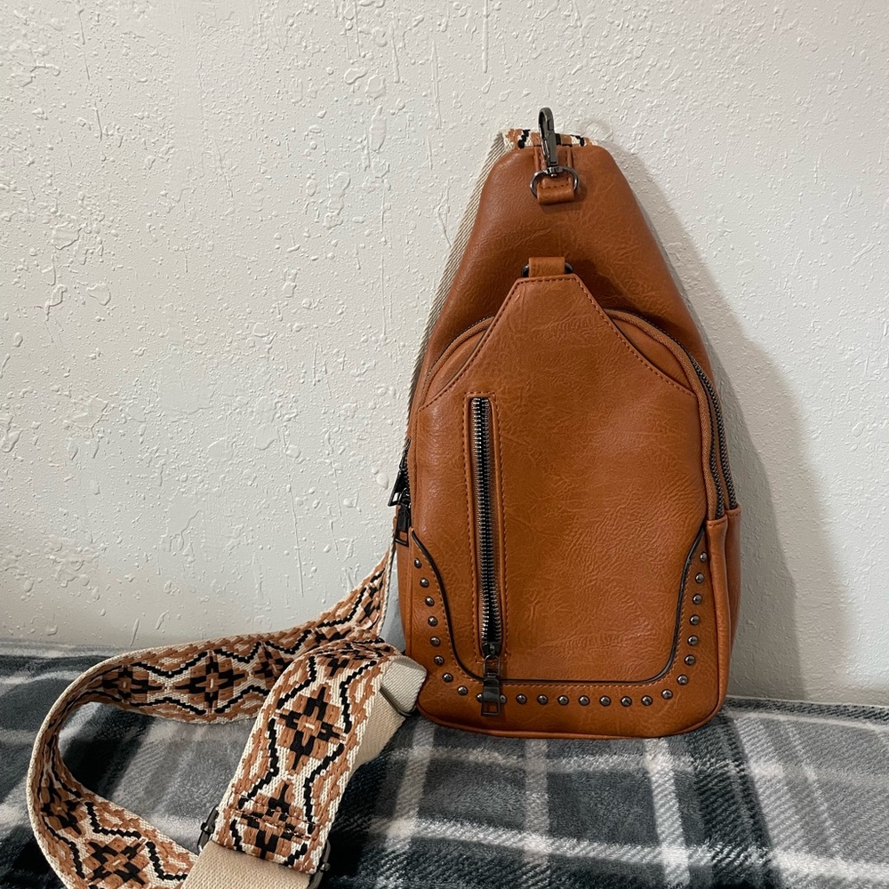 Sam and Hadley Brown Sling Backpack with Patterned Strap